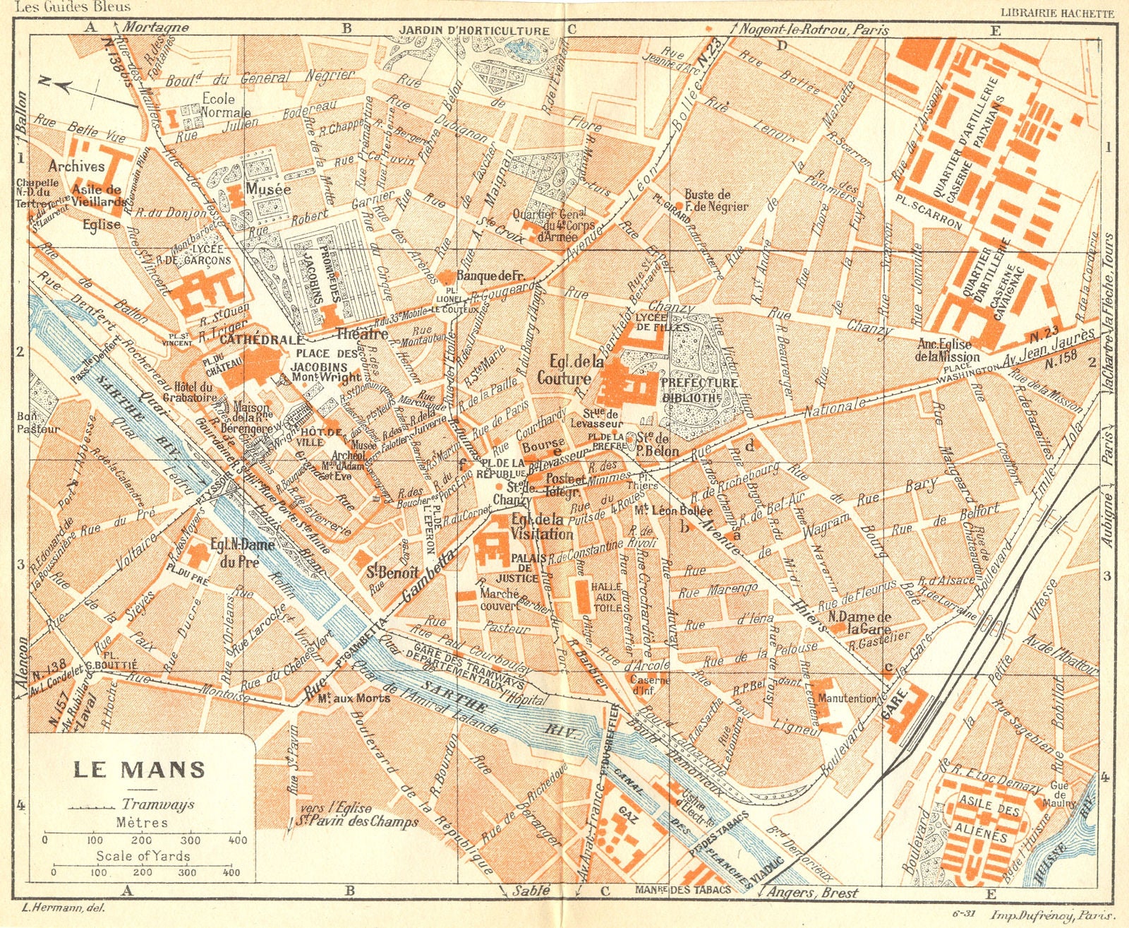 FRANCE. Le Mans 1932 old vintage map plan chart